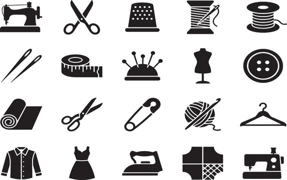 Collection of black sewing and tailoring on a white background, sewing machine scissors thimble thread spool