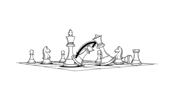 Chess game strategy, king and queen falling, checkmate concept, competition, victory, defeat