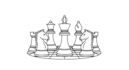 Strategic Chess Pieces Arranged on Board - King, Queen, Bishop, Knight, Rook © rglstrm
