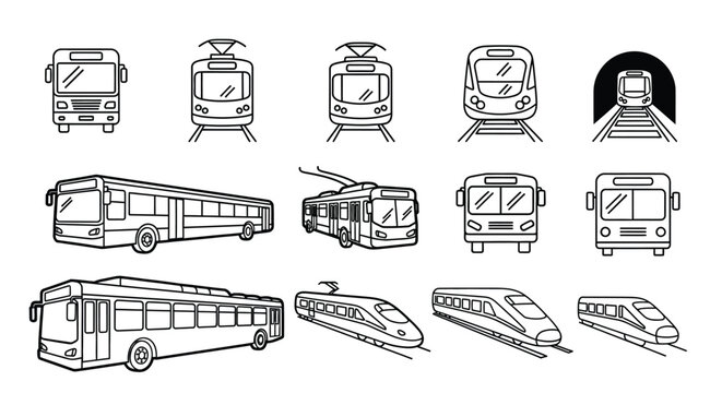 Line art collection of public transportation vehicles including buses trams trolleybuses and modern high speed trains on tracks.