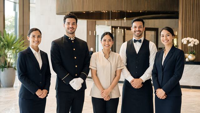 Hotel Service Staff Team Portrait in Modern Hospitality Interior