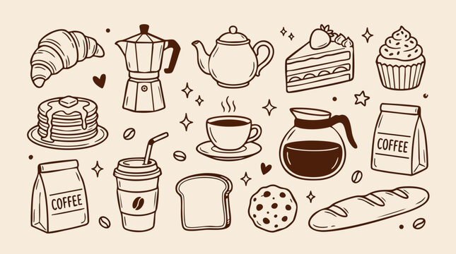 Coffee and bakery items line art croissant