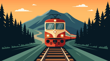 Train on scenic railway vector landscape mountains © Abdul