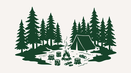 Campsite scene with tent and trees silhouette © Abdul