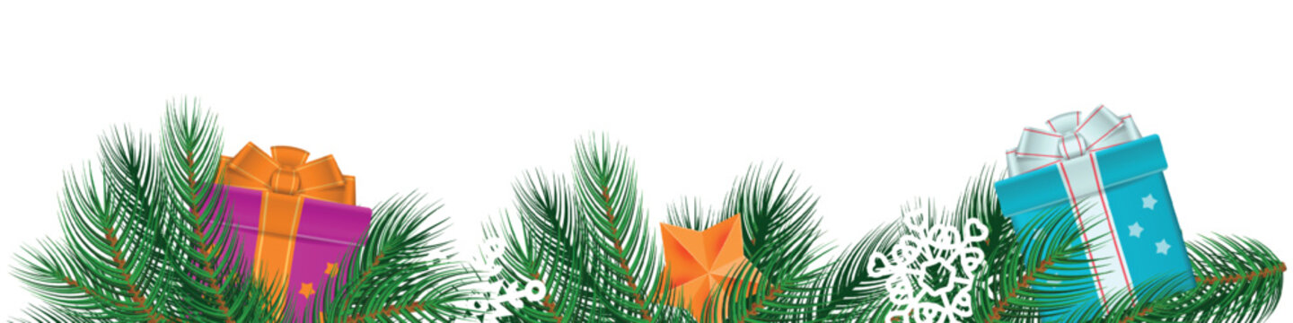 Decorative Christmas isolated garland border featuring evergreen branches, wrapped gift boxes, snowflakes and festive ornaments. Seasonal design with copy space.