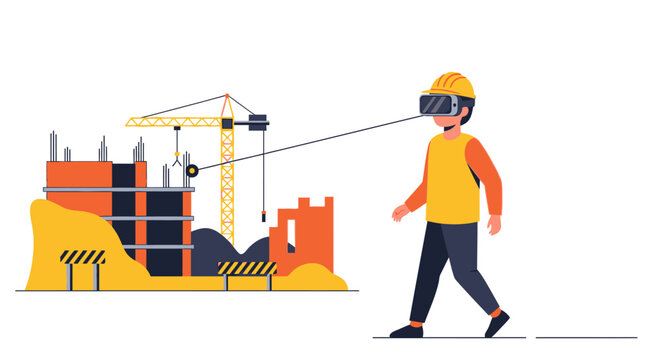 Engineer Using Virtual Reality VR Headset for Construction Site Planning and Building Design Illustration