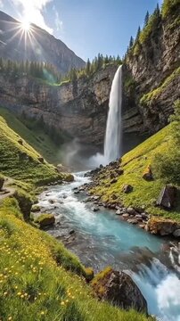 A stunning sunlit waterfall cascades down a rocky cliff into a turquoise stream flowing through a lush, vibrant green mountain valley,  waterfall in the mountains