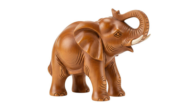 Wooden elephant figurin on black background with white background and brown elephant.