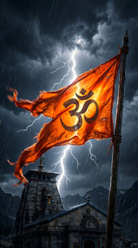 Sacred Orange Om Flag Flying with Lightning 
Near Ancient Hindu Temple on Dark Mountain, 
Sanatan Dharm Heritage Spiritual Cinematic Art
