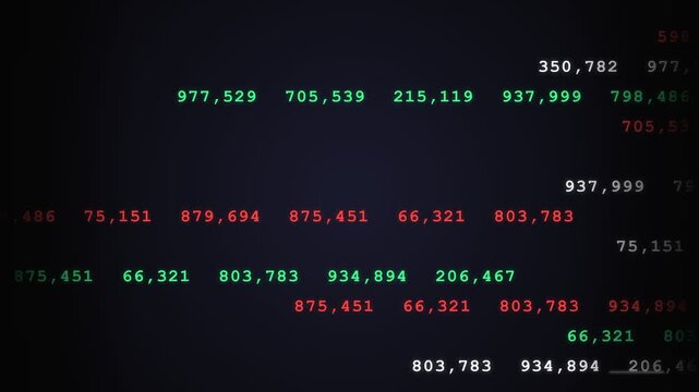 Financial data streams displayed with glowing numbers and scrolling text on a dark digital screen representing economic trends and market analysis for global commerce and investment opportunities