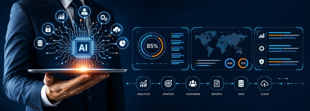 Artificial Intelligence Business Dashboard with Futuristic Data Analytics Interface