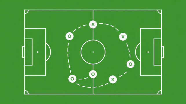 Soccer strategy diagram with players positions and dashed lines for plays.