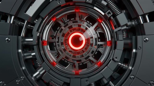 Futuristic sci-fi control panel interface. Glowing red circular buttons on a metallic gray background. High-tech industrial design for technology and innovation projects.