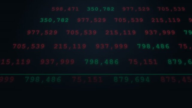Digital financial data streams displaying numerical information with glowing digits on a dark textured surface suggesting economic trends and market analysis for investment planning and