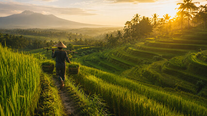 iconic green rice terraces in Bali or Jatiluwih during the golden hour. 