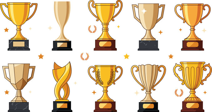 Champion Trophy Cup Collection Featuring Gold Award Prizes, Achievement Symbols, Competition Winners, and Success Recognition Vector Illustrations