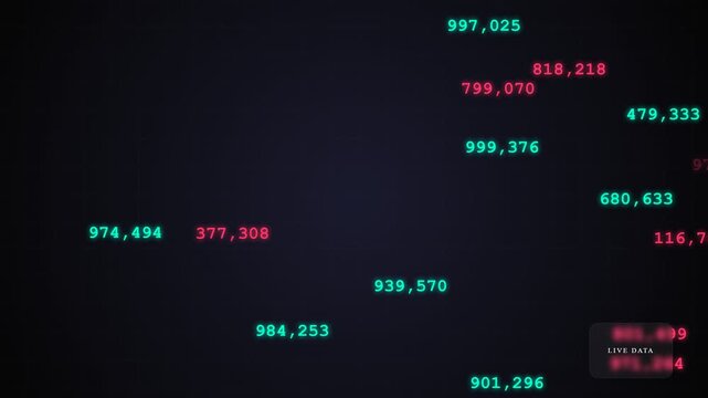 Digital financial metrics display abstract information streams in teal and crimson hues against a dark deep space backdrop depicting data progression and numerical analysis with glowing