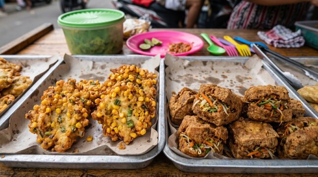 Indonesian street food close up of bakwan and tahu isi on display