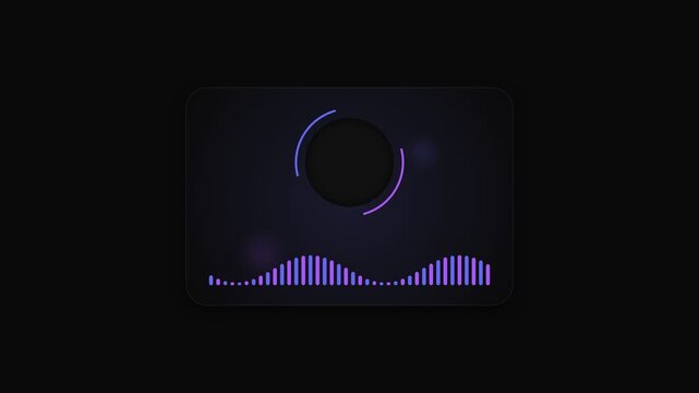 Digital audio equalizer display on a dark surface with glowing purple waveforms representing sound waves and circular animation suggesting digital data flow and technology advancements perfect