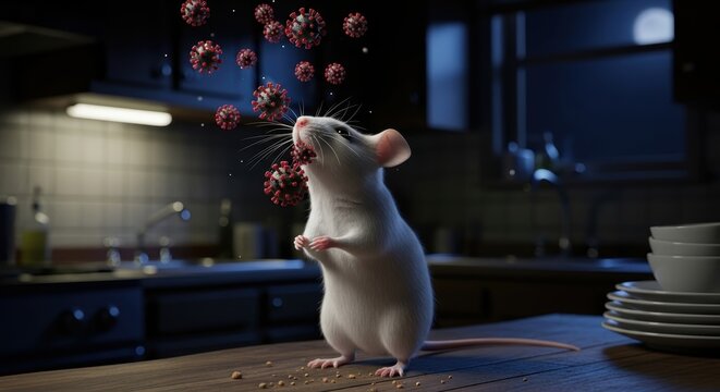 Small white laboratory mouse standing on a kitchen counter surrounded by floating viral particles representing disease transmission