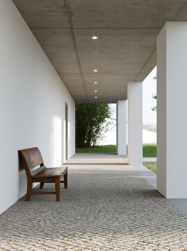 Modern Hallway with Seating: A clean and contemporary hallway features a minimalist wooden bench against a stark white wall, leading towards an exterior view of greenery.