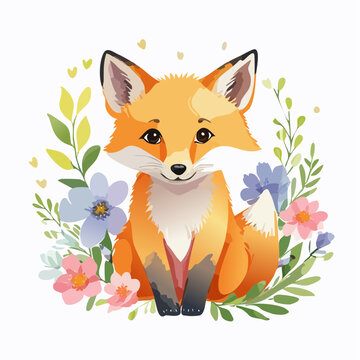 Aquarell Fuchsbaby zwischen Bl&uuml;ten &ndash; magische Waldszene
