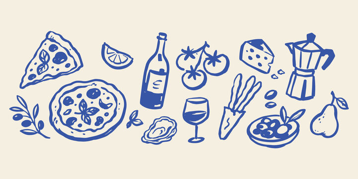 Italian Food Set Sketch Doodle Vintage Vector