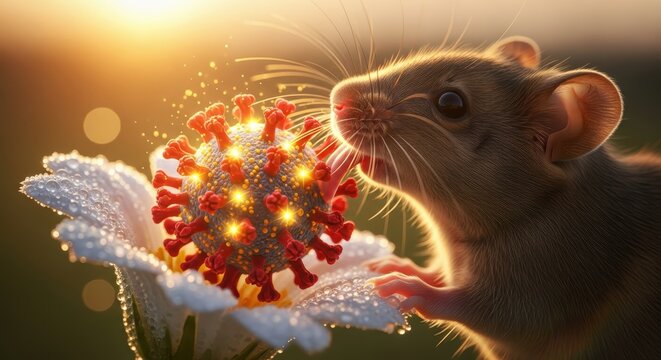 A tiny inquisitive mouse gently approaches a glowing bioluminescent viral sphere resting upon a delicate dew covered flower