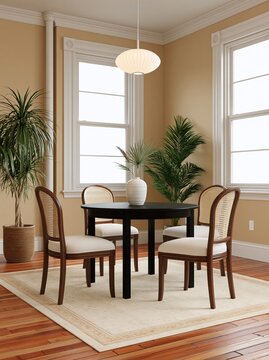 Elegant Dining Nook: A dark wood dining table is surrounded by four upholstered chairs in a cozy room, featuring large windows, a decorative vase, potted plants, and a patterned rug.