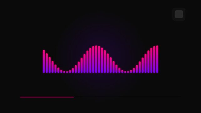Vibrant audio spectrum visualization with digital sound waves across a dark digital interface displaying frequency amplitude in a gradient of purple and pink hues suitable for music technology
