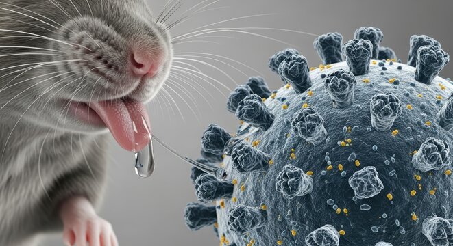 A mouse licks a large virus particle with its long tongue in a close-up view.