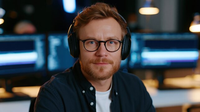 Tech-Savvy Professional with Headphones: A focused male professional with red hair and glasses wears headphones.