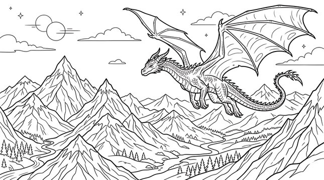 Epic fantasy line art illustration of a dragon flying over mountain peaks with mountains creature landscape adventure mythological illustration blackandwhite monochrome coloringbook activity