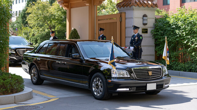 Diplomatic motorcade of dark official vehicles with flag pennants arriving at embassy compound entrance where uniformed security personnel verify credentials during bilateral state visit protocol .u