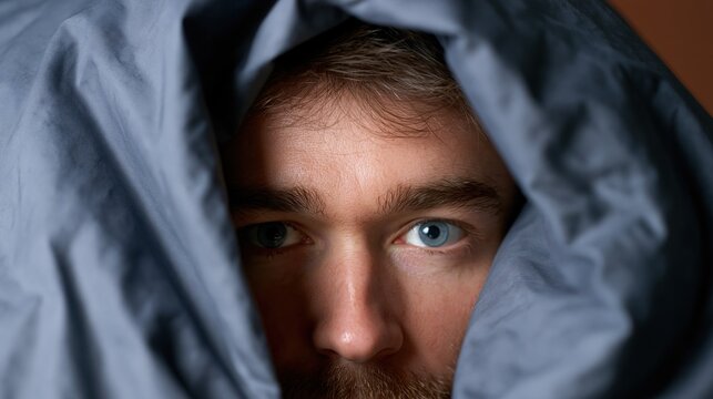 A Glimpse of Introspection: A man peeks out from under a cozy blue blanket, his gaze thoughtful and introspective.