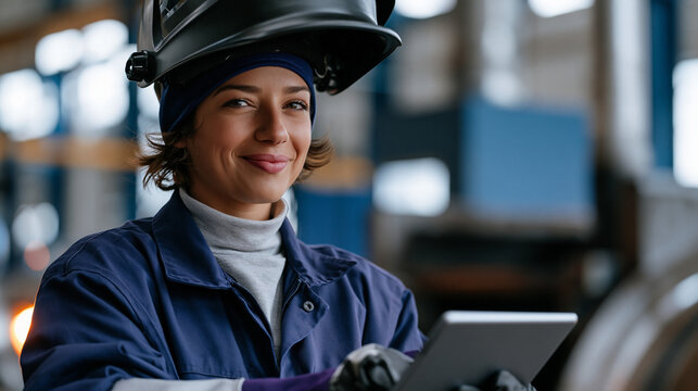 Industrial welding apprentice in a protective shield holds a tablet displaying augmented reality chemistry molecule visualization overlaid onto the metal alloy composition chart mounted on the facil