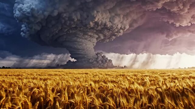 Dramatic tornado over golden wheat field at sunset