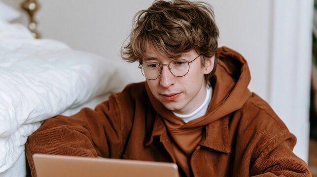 Focused Student with Laptop: A young student with stylish glasses and curly hair intently studies on a laptop, immersed in learning from the comfort of their room.