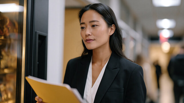 Public defender attorney reviewing case files in courthouse hallway beside vending machine during lunch recess in busy urban county court building with civil service workers rushing past .ultra phot