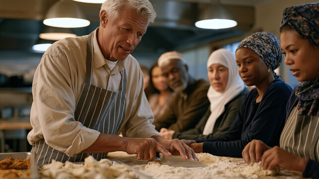 Retired chef volunteer teaching knife skills to recently resettled refugee adults in a bustling community kitchen, flour-dusted counters, focused expressions, industrial overhead lighting, multicult
