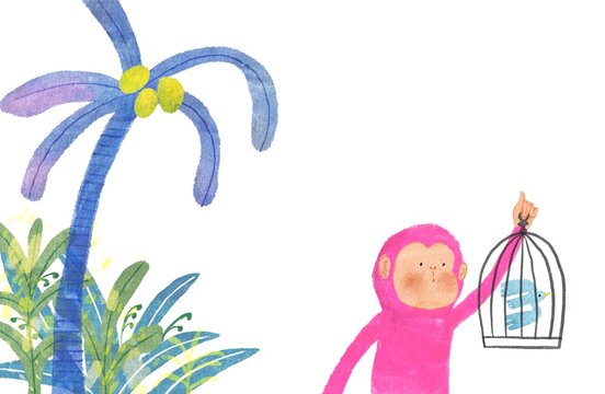 a caged bird and a pink monkey