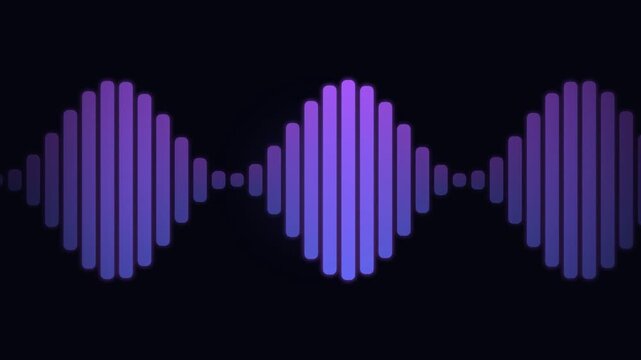 Abstract digital sound wave visualization with purple bars showing fluctuating amplitude against a dark backdrop symbolizing audio information technology and the science of acoustics in waveform