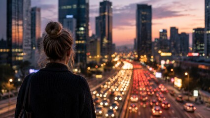 Fototapeta premium A person standing on an overlook, viewing a complex urban highway network during twilight, with vibrant city lights and traffic congestion