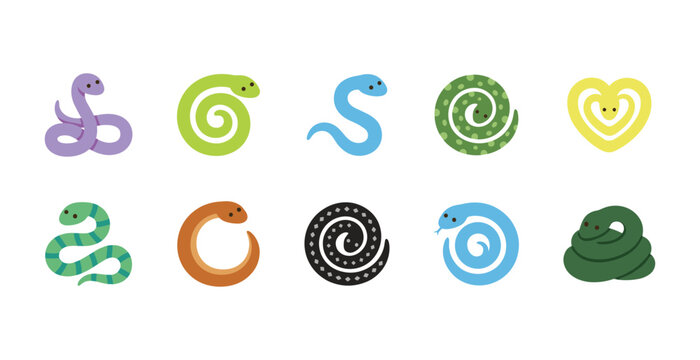 Minimalist Colorful Coiled Snake Cartoon Vector Set with Creative Spiral Heart Shape and Striped Patterns Isolated on White Background
