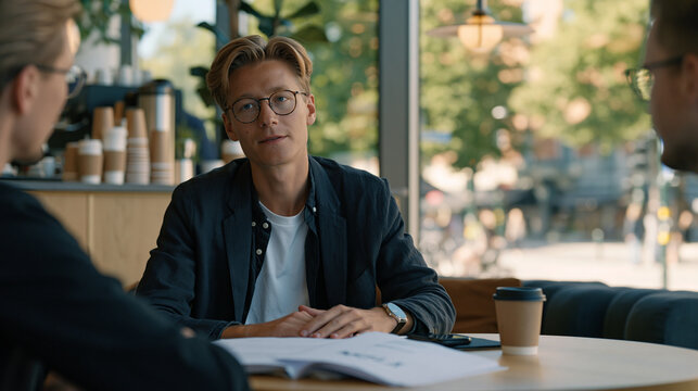 Zero day vulnerability disclosure meeting between software vendor security team and independent researcher in neutral co-working space, documents under NDA cover sheet, coffee service on counter, su