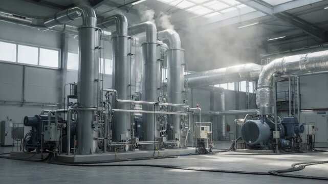 Medium shot of a modern CCUS unit with towering carbon capture columns and compressors processing plant offgas highlighting clean energy technology in a new build facility