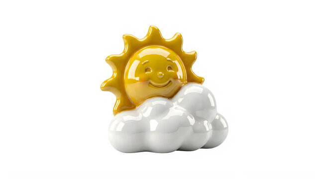 Smiling sun with wavy rays on white fluffy cloud  sunny weather icon transparent background