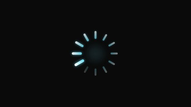 Abstract glowing circular futuristic loading animation with segmented neon light indicators revolving around a central digital core on a dark void conveying progress and waiting time digitally