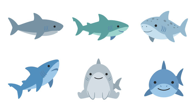 Cute Cartoon Shark Species Set Featuring Great White Hammerhead Leopard and Whale Sharks Isolated on White Background Graphic Elements