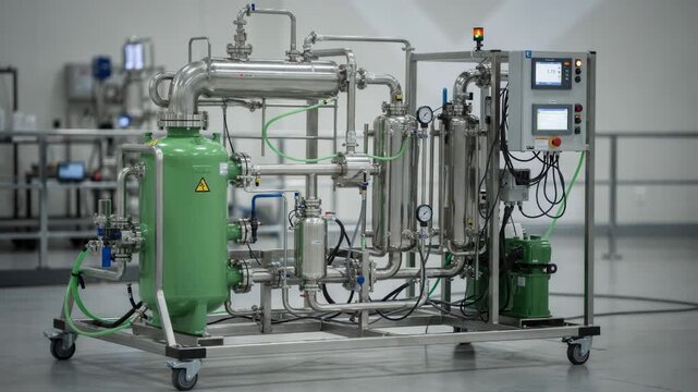 Medium shot of a green chemistry pilot reactor skid showcasing continuous flow system for ecofriendly pesticide synthesis with stainless steel piping and digital controls